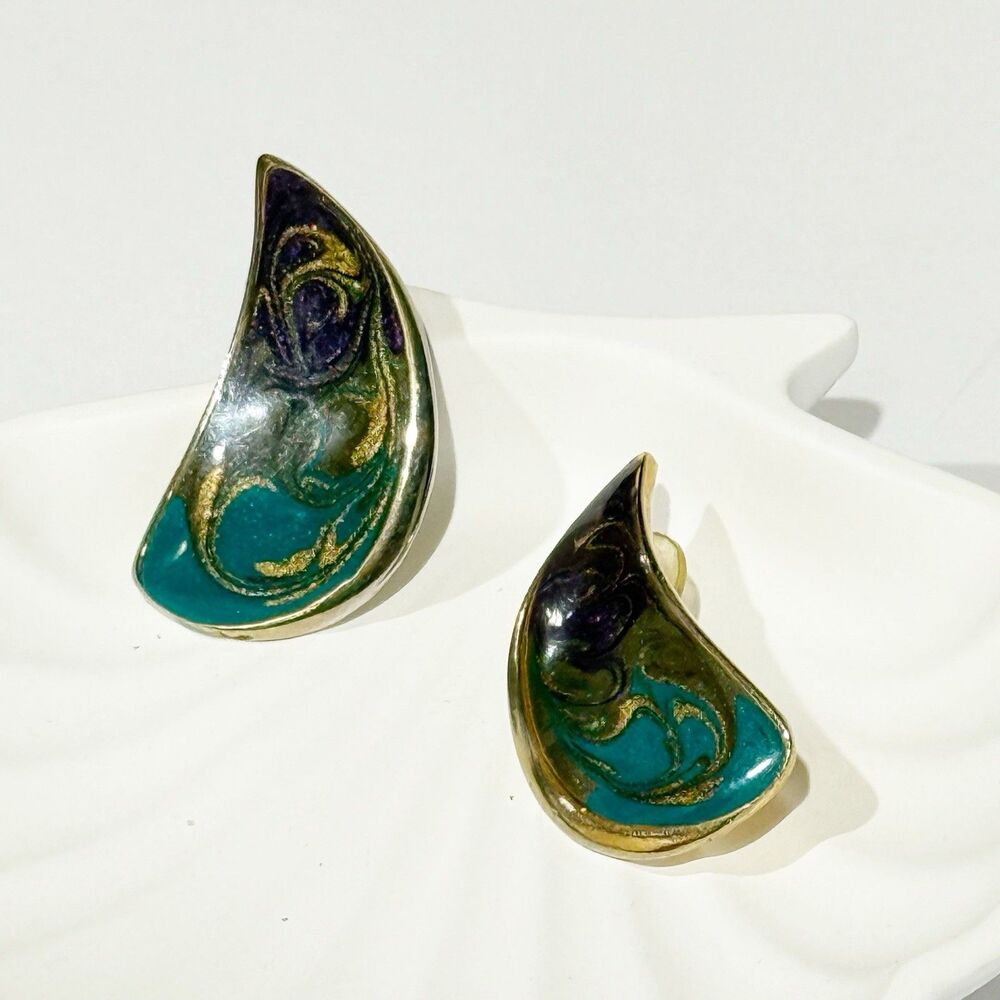 Vintage Enamel Teardrop Earrings Gold Tone Purple Green Blue Abstract Art - Picture 4 of 16